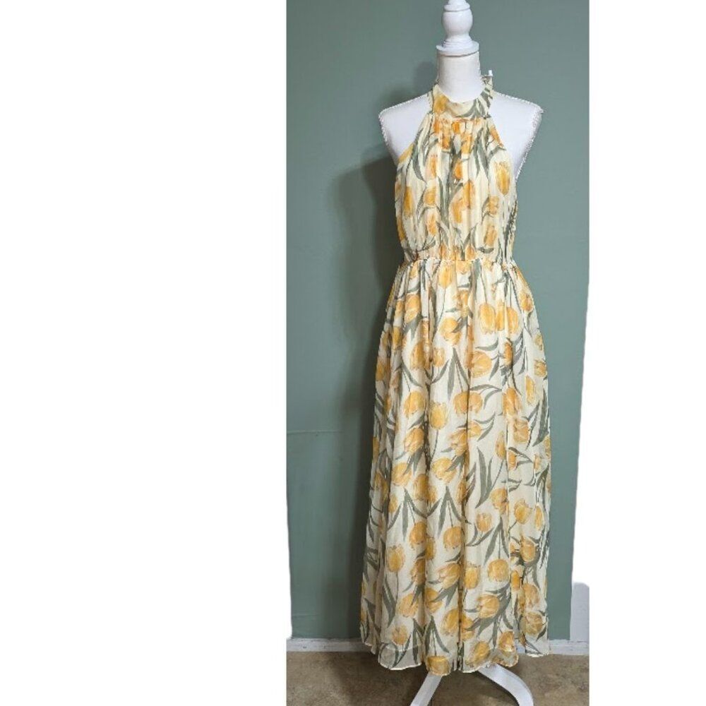 Fehaute Chiffon Halter Casual Floral Dresses Maxi Dress in Cream *no belt Size 6 - Picture 2 of 5